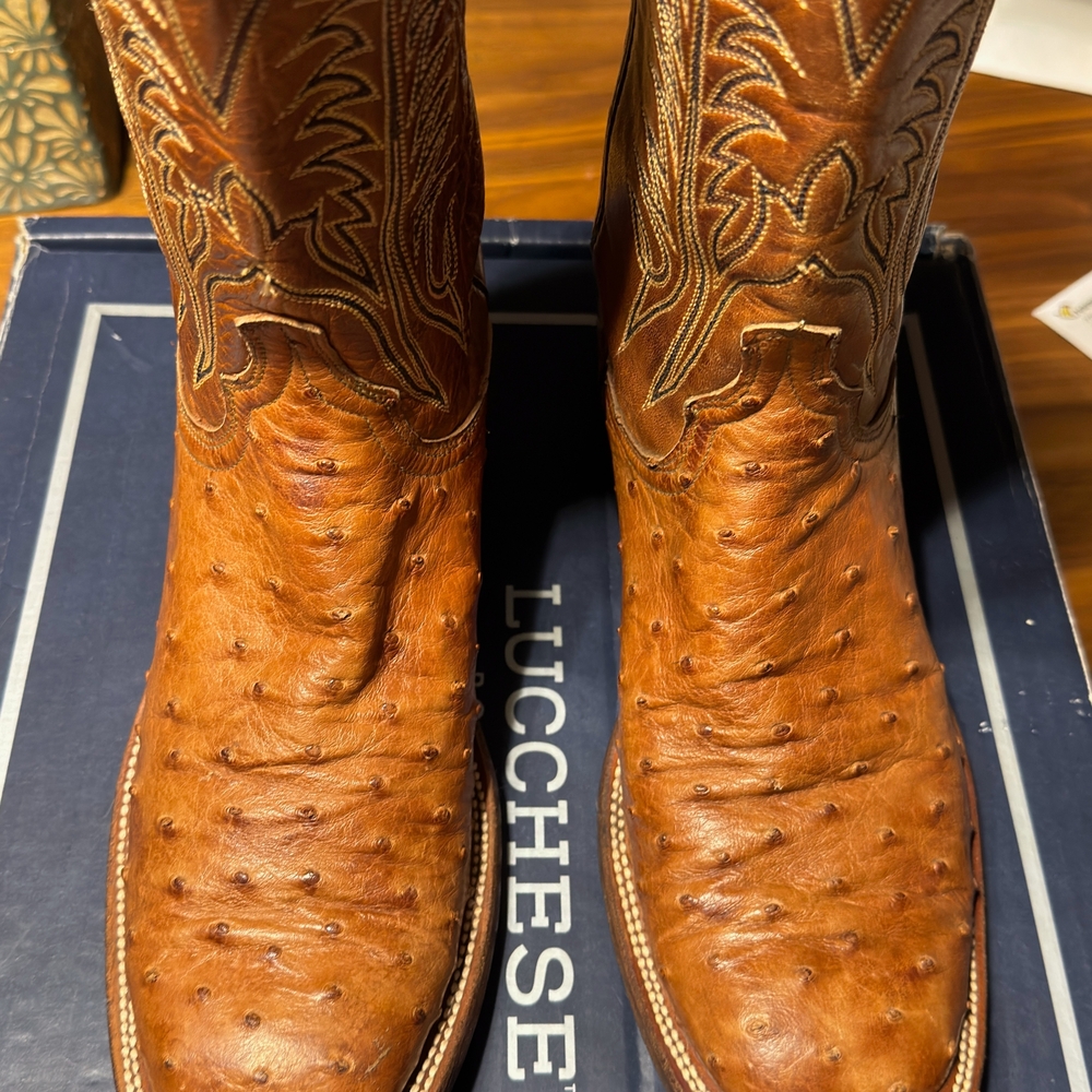 Lucchese Tan Ostrich Leather Western Boots - Picture 2 of 15